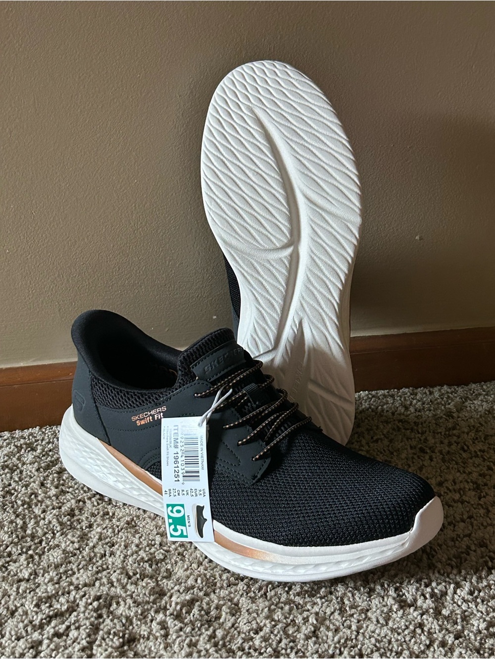 Skechers Swift Fit Men's Black Slip-On Athletic Sneakers with White Sole